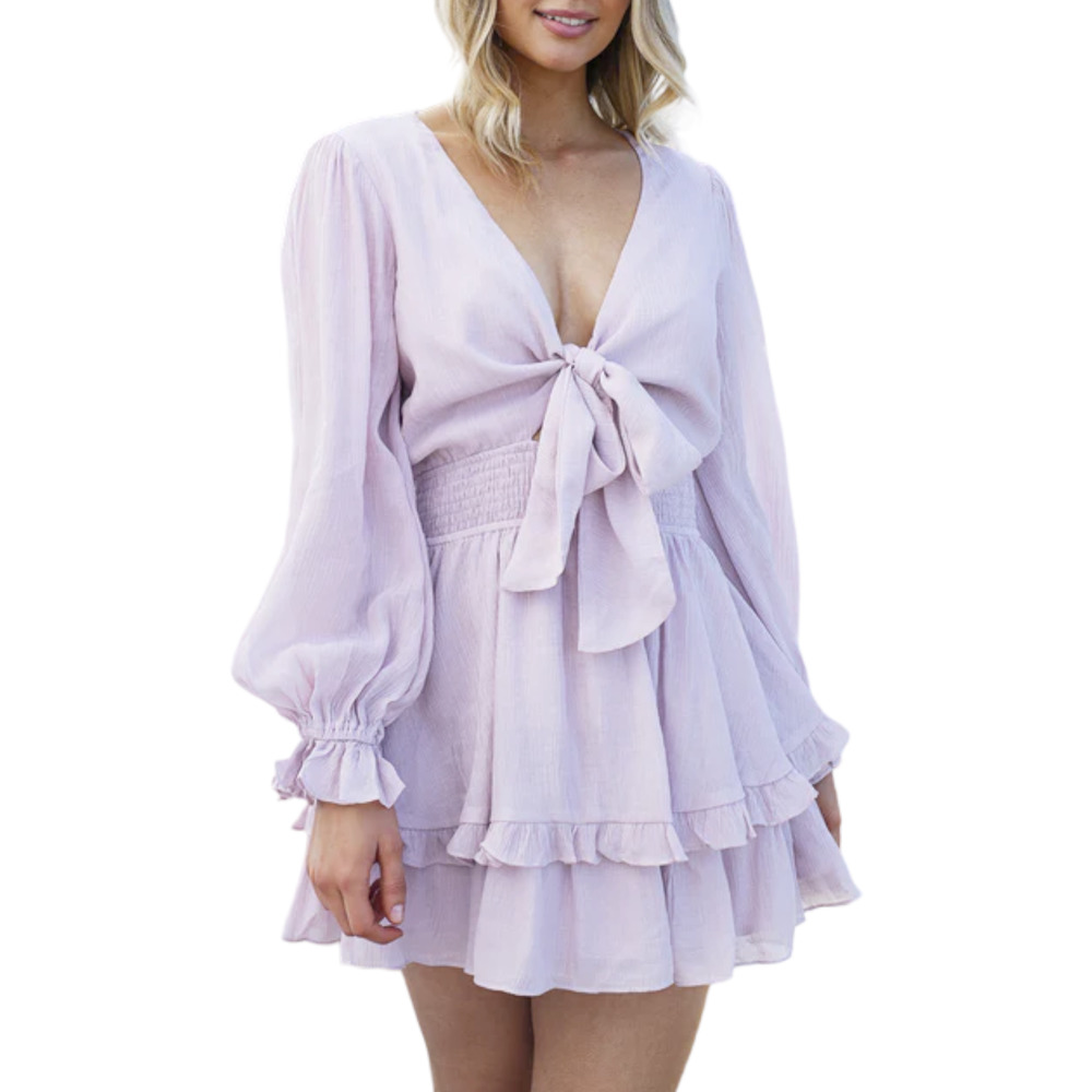Saints + Secrets Long Sleeve Deep V Tie Front Ruffle Mini Dress, Violet, L